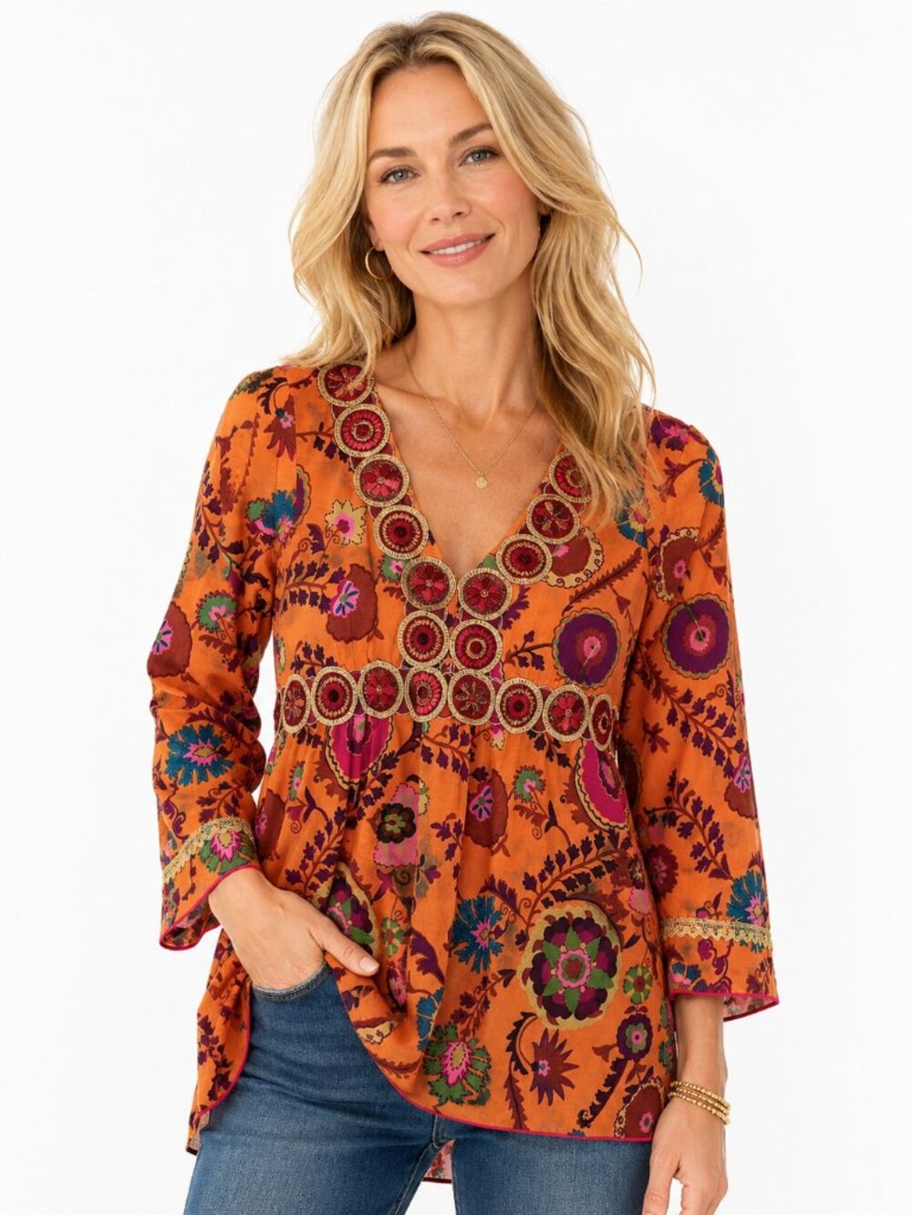 Cynthia Steffe Orange Floral Embroidered V-Neck Peasant Tunic